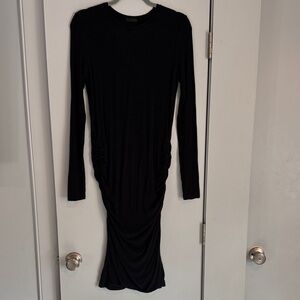 ATM Black Ruched Ribbed midi Dress, crew neck, size large